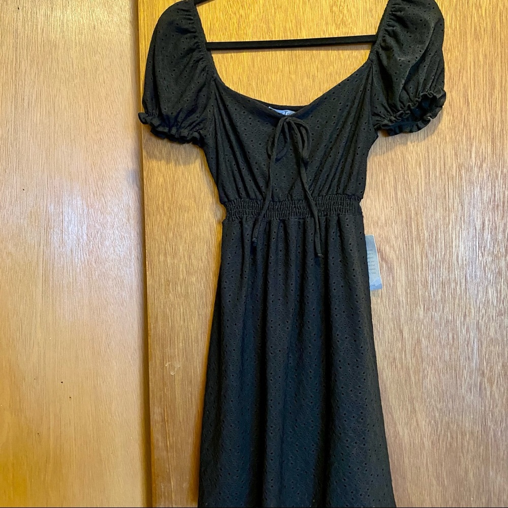 Black puff sleeve eyelet mini dress with tags